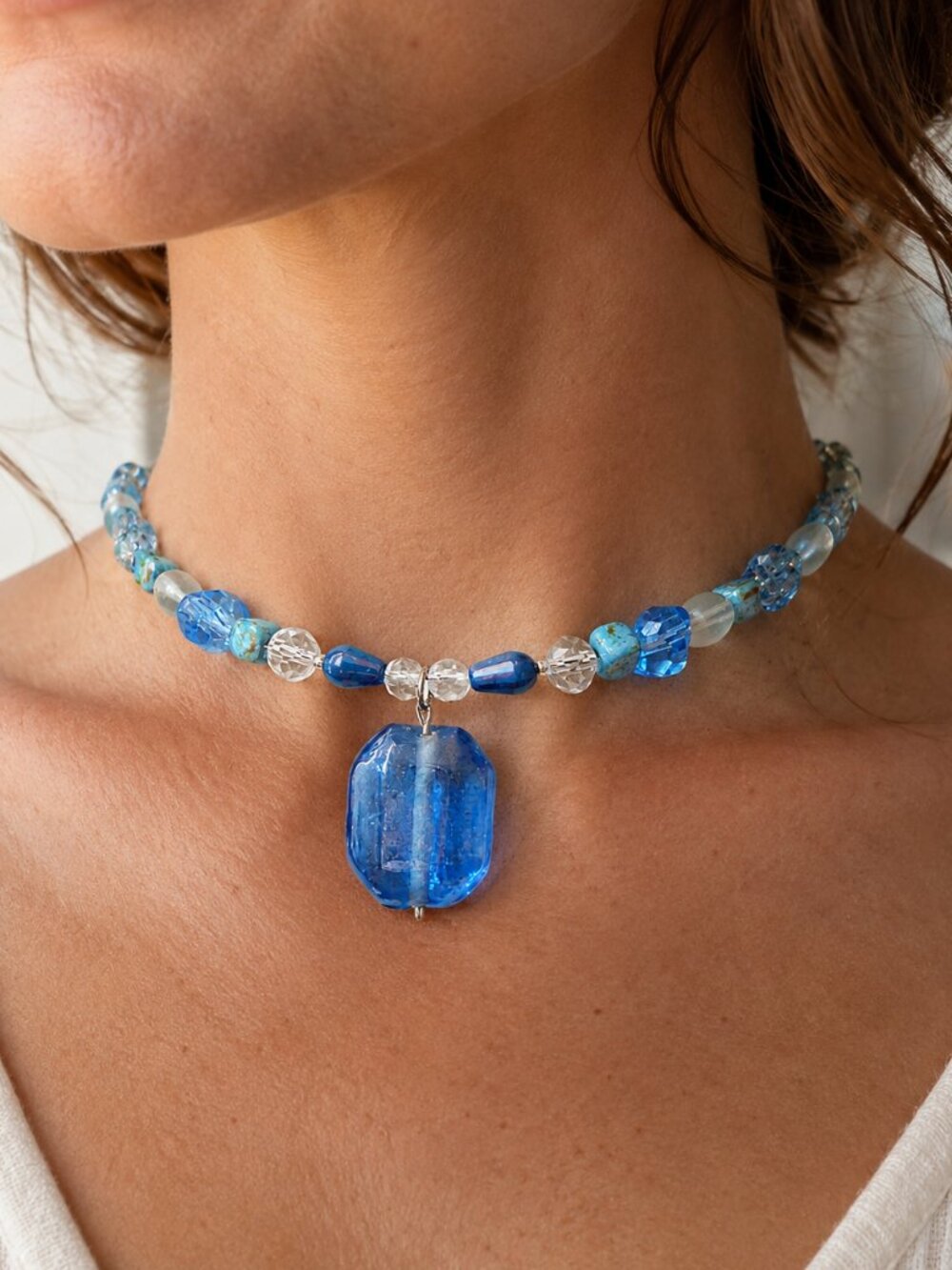 Blue Czech Glass Beaded Pendant Choker